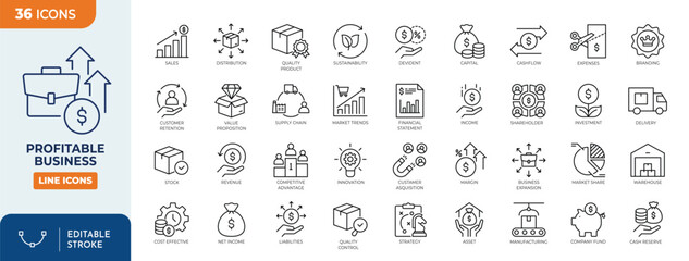Profitable Business line editable icon set. Contain icons related to business profit. Editable stroke. Vector illustration	