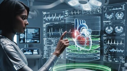 A female doctor interacts with a futuristic medical interface displaying diagnostic medical imaging of a heart. Perfect for healthcare and medical technology presentations. - Powered by Adobe