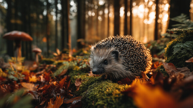 Small hedgehog walking on a mossy log amidst fallen brown and orange leaves on a forest floor.