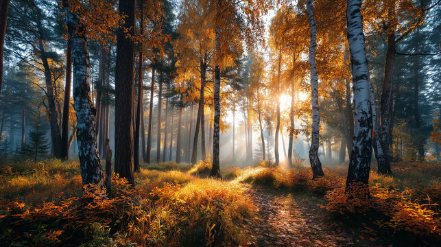 Golden autumn forest scene with winding path illuminated by sun rays piercing through the mist and white birch and dark pine trees.