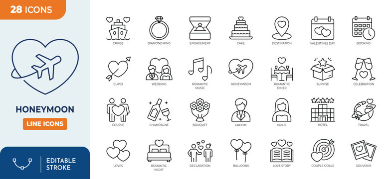 Honeymoon outine editable icon set. featuring icons of various wedding, Love vacation, Romantic holiday, and more. Editable stroke. Vector illustration	