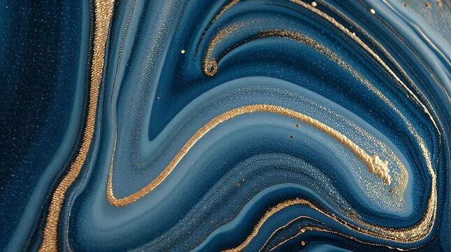 A captivating abstract with flowing blue and gold hues. Swirls of dark teal blend with lighter shades, accented by glittering gold, reminiscent of marble