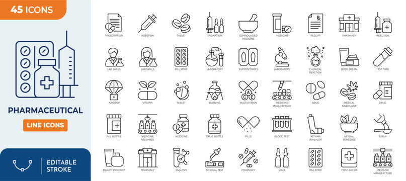 Pharmaceutical line editable icon set. Contain icons related to medial and pharmacy. Editable stroke. Vector illustration	