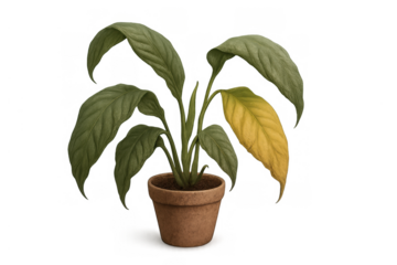 Peace lily houseplant showing a yellow leaf, symbolizing plant disease, neglect, or need for care on transparent background