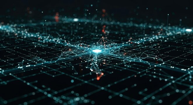Abstract digital network: A captivating depiction of interconnected digital pathways forming a dynamic network, symbolizing complex data flow and technological advancement.