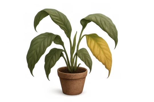 Peace lily houseplant showing a yellow leaf, symbolizing plant disease, neglect, or need for care on transparent background - Powered by Adobe