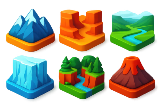 Six different types of landscapes, including mountains, rivers, and volcanoes