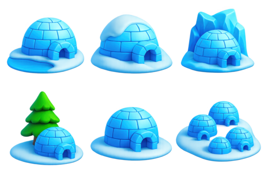 Vibrant Igloo Icons. 3D icon set of igloos in various locations: igloo near frozen lake, igloo on snowy hill, igloo by glacier,
