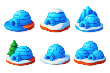 Series of blue igloos, each with a different design