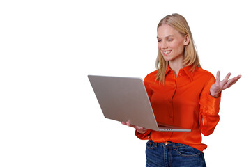 Happy woman participating in an online video call holding a laptop and gesturing, remote working on transparent background