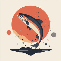 Colorful fish leaping in the air with abstract circle and bold design
