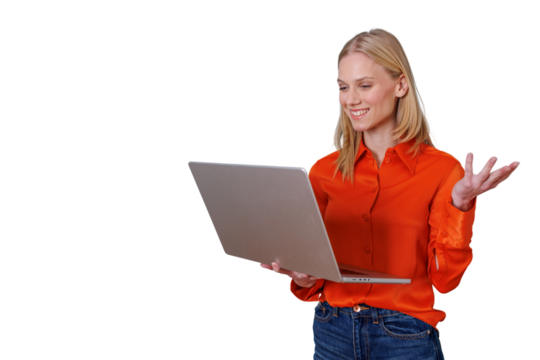 Happy woman participating in an online video call holding a laptop and gesturing, remote working on transparent background