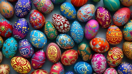A vibrant collection of decorated easter eggs with various patterns and colors. - Powered by Adobe