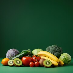 Freshly harvested fruits and vegetables arranged neatly on a vibrant green surface, emphasizing healthy eating and natural freshness ,abundance ,diet ,garden