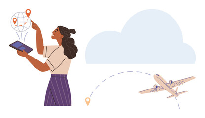 Woman interacts with a tablet displaying a flight map, tracking routes with airplane, cloud, and location markers. Ideal for travel, navigation, innovation, logistics, technology planning global