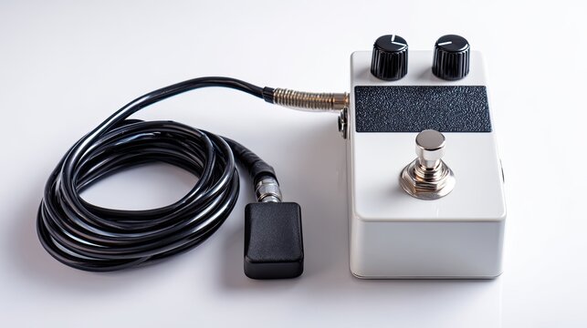 This image features a guitar effects pedal with knobs and a footswitch, designed for altering sound in music performance.