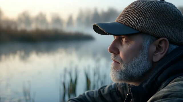 A bearded man wearing a cap and winter clothing sits on the shore of a calm lake, lost in thought as he watches the sun set.