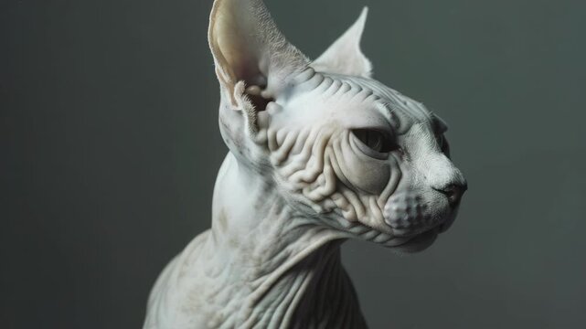 Close-up of a hairless cat's head against a dark background.