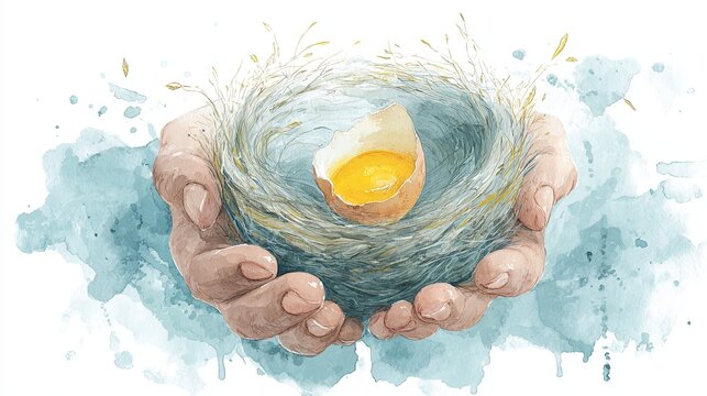 A pair of hands cradles a nest with a broken egg, symbolizing care, new beginnings, and the cycle of life in a watercolor style.