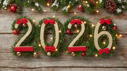 Celebration of the new year 2026 with festive decorations on a wooden table