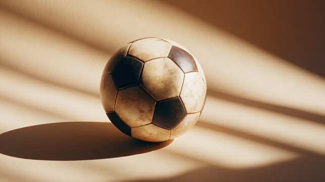 A worn soccer ball rests on a surface, casting a soft shadow under warm, diagonal light, evoking a sense of nostalgia and playfulness.