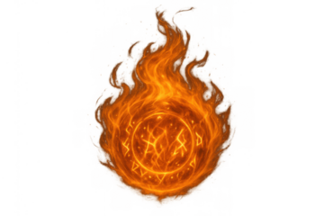 Casting powerful fire spell with glowing runic circle for fantasy games and magic effects isolated on transparent background