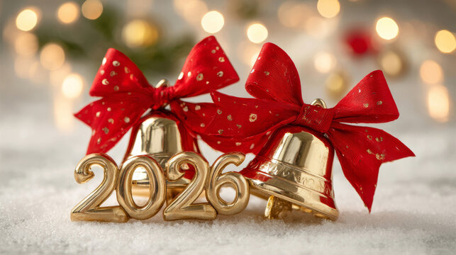Festive Christmas bells with red bows and the year 2026 in a winter setting