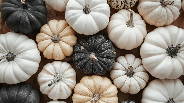 black and white and beige/tan pumpkins background for fall and harvest - Powered by Adobe