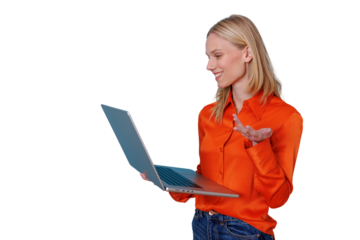 Young woman having a happy video call on laptop, smiling and communicating virtually, standing with transparent background