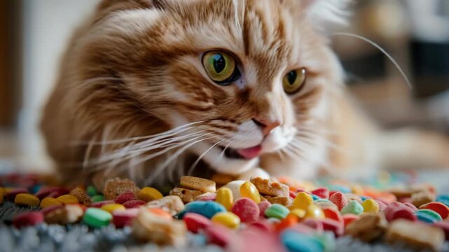A chubby cat eating a colorful snack.
