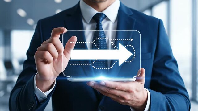 Businessman using a futuristic transparent tablet to visualize a strategic plan, with a glowing arrow indicating progress, corporate growth, and future direction