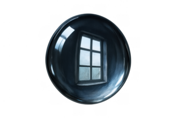 Water drop reflecting window, liquid bubble showing light and perspective, transparent background closeup