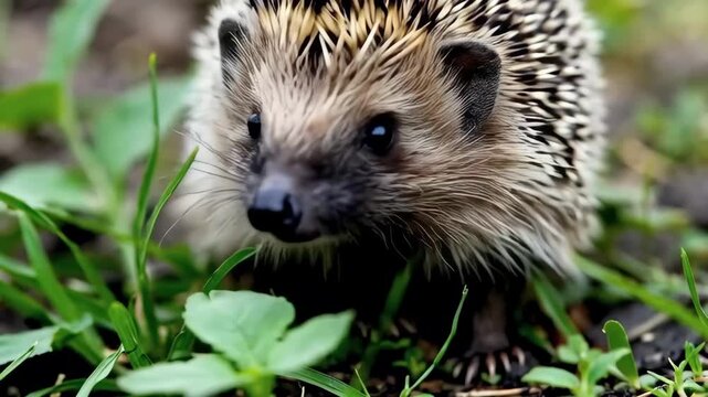 Close up of a cute hedgehog foraging in green grass. Natural wildlife footage, detailed texture and charming animal behavior