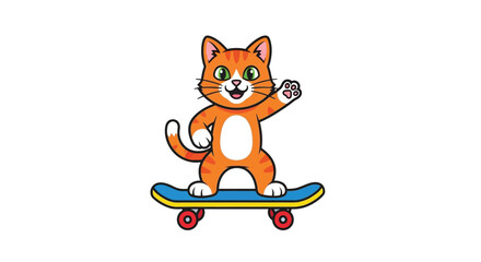 Fototapeta premium Cute cartoon orange cat riding a skateboard and waving.