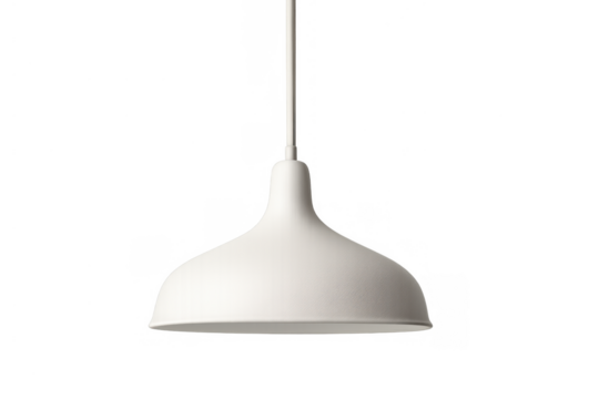 White modern pendant lamp hanging, contemporary ceiling lighting fixture, minimalist interior design element on transparent background