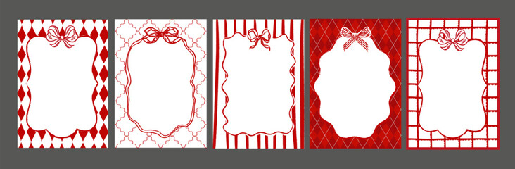 Hand drawn Red Frames Collection - Whimiscal Set - Doodle style with bow and ribbon stripes. Art banner, poster, cover templates.