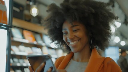 Happy customer browsing books on smartphone - Powered by Adobe