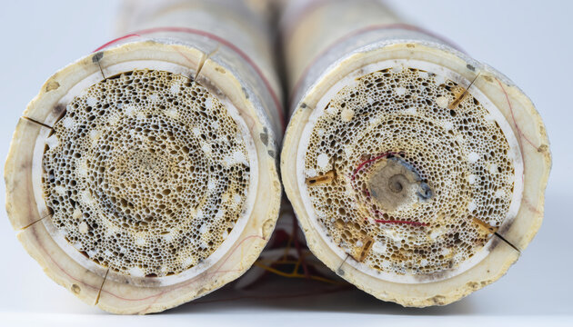 Cross section of human bone showing osteon structure, blood vessels, and nerves, highlighting intricate details and textures