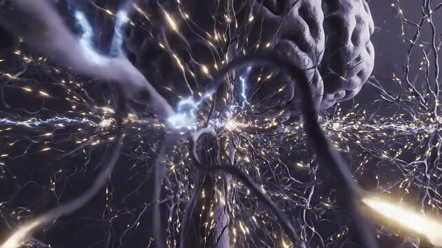 A detailed close-up of a network of interconnected neurons with intricate branching structures and a dark, mysterious background highlighting the complexity of the nervous system