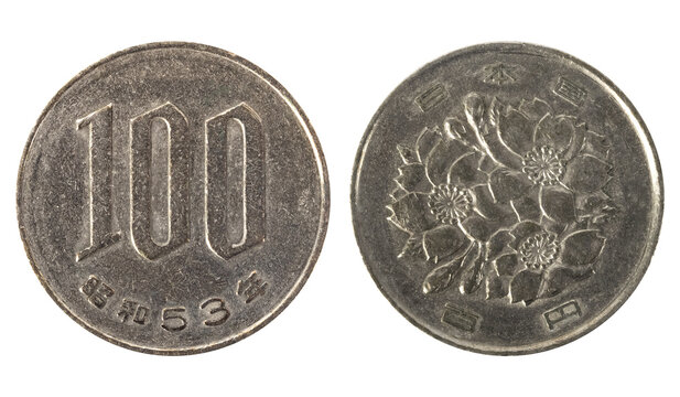 Isolated photo of 100 yen 1953 Japan coin on white background.