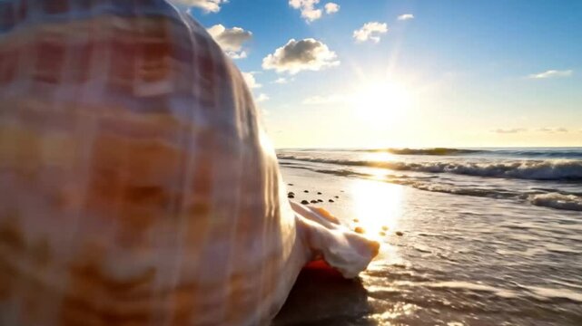 Close-up Transition from Giant Conch Shell to Beach Sunrise with Waves and Clouds