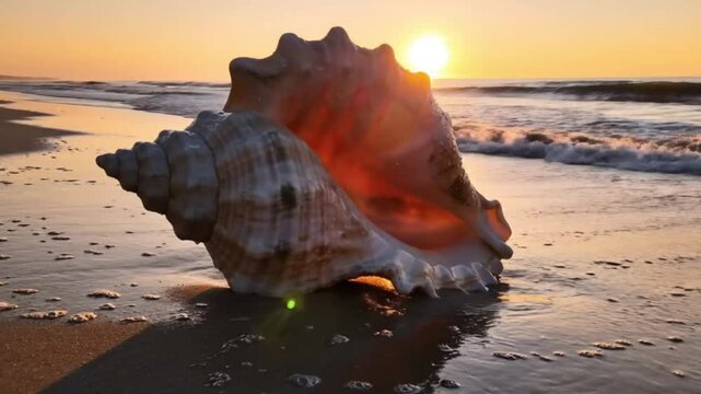 Giant Conch Shell on Beach Shoreline with Waves and Golden Sunset Background