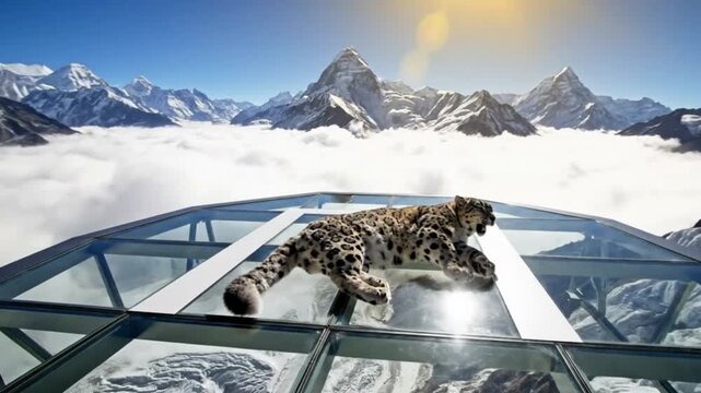 Majestic Snow Leopard Walking on Glass Skywalk Above Clouds and Snowy Mountains