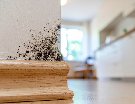 Black mold growth on a white wall above a wooden baseboard in a home interior