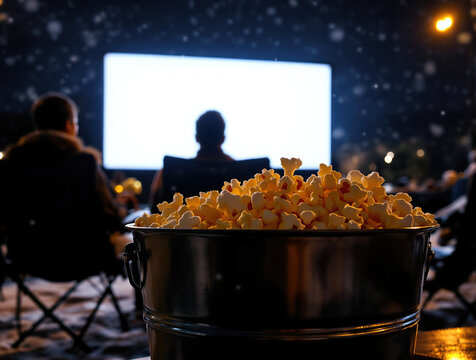 Outdoor movie night with popcorn in the snow