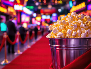 Popcorn bucket and red carpet with blurred colorful lights