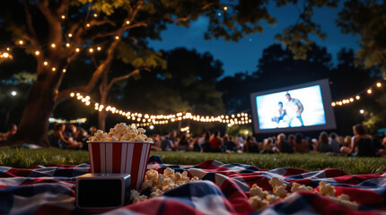 Cozy outdoor movie night with popcorn and friends gathered under twinkling lights at dusk