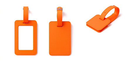 Orange luggage tags in various views on a clean white background