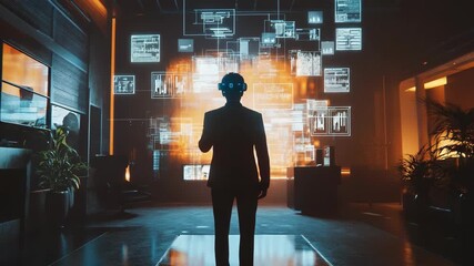 Businessman in VR Headset Interacting with Digital Data Display in Futuristic Office - Powered by Adobe