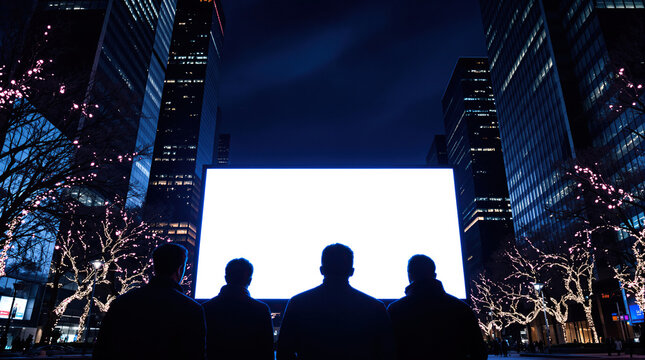 Four silhouettes looking at a glowing blank outdoor screen in a vibrant cityscape at night - Powered by Adobe